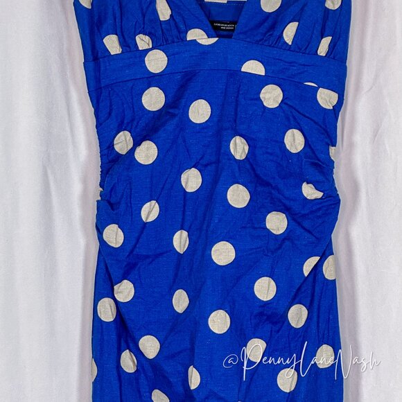 Zara Linen Blend Polka Dot Ruched Midi Dress Blue/Tan - Picture 8 of 13